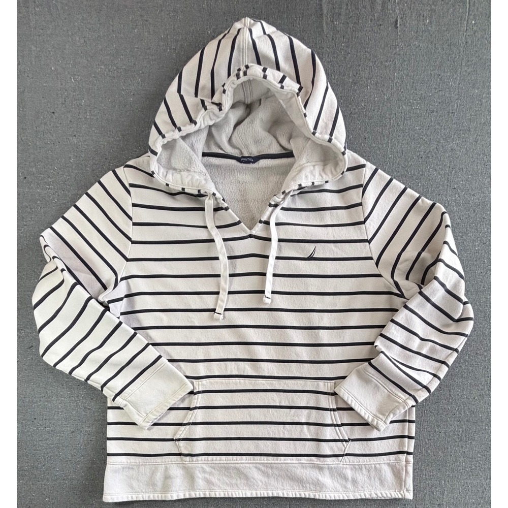 Nautica Striped Hoodie Womens XL White Navy Blue Fleece V-Neck Pullover